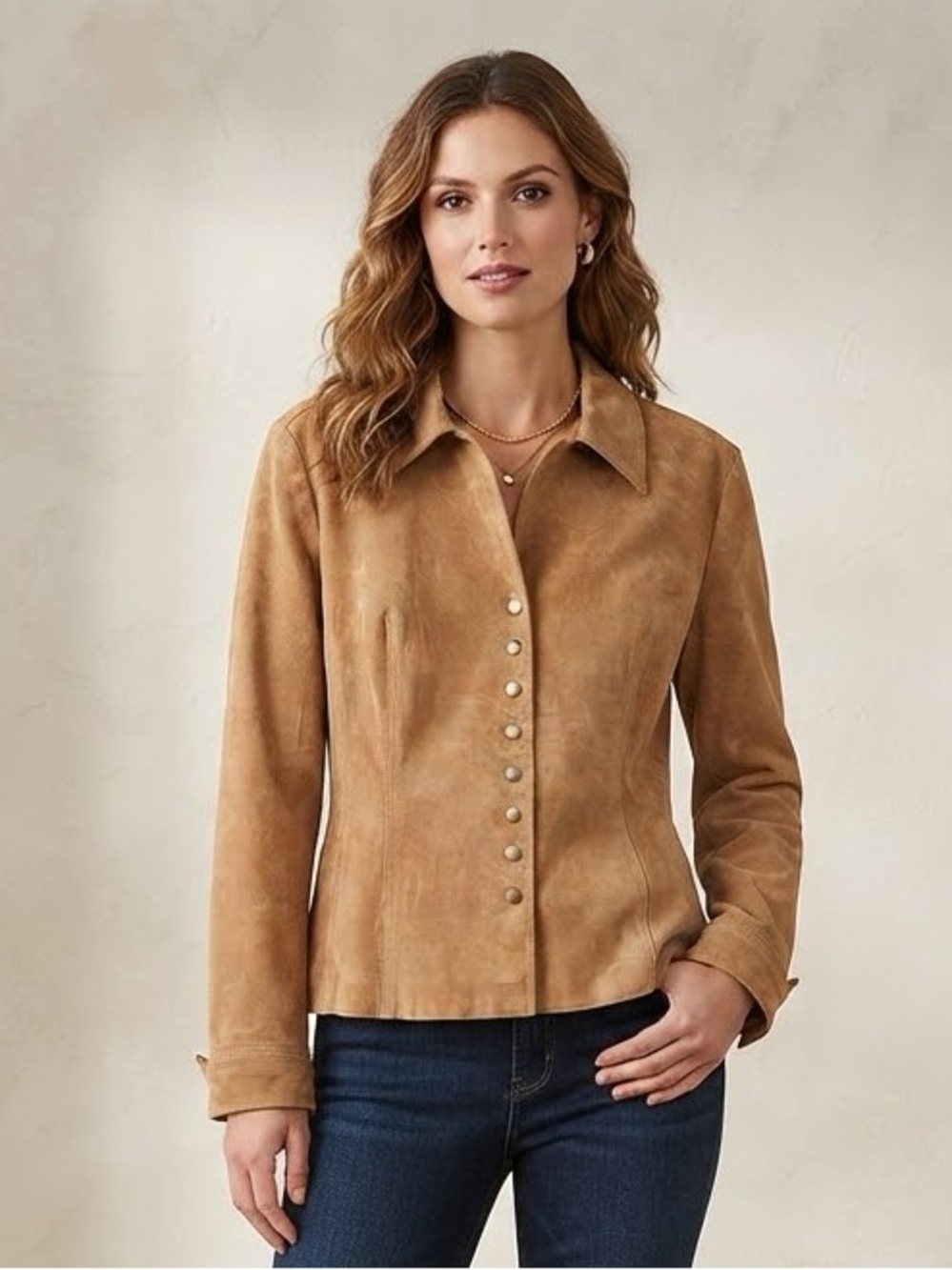 Coldwater Creek Suede Leather Snap-Front Jacket - Tan